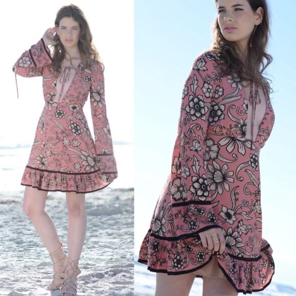 For Love and Lemons Ayla Mini Dress Pink Floral Bell Sleeve Plunge Small